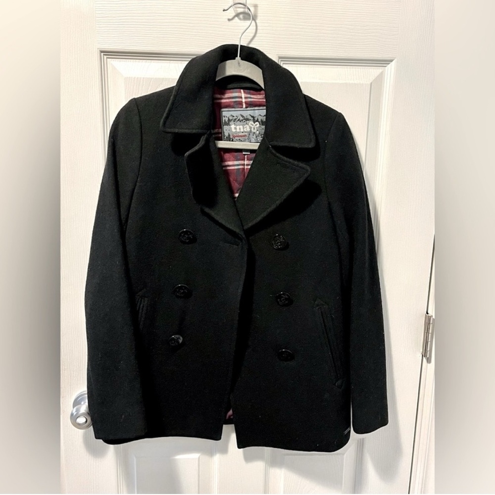 TNA Aritzia wool pea coat with cotton Plaid lining xxs black vintage